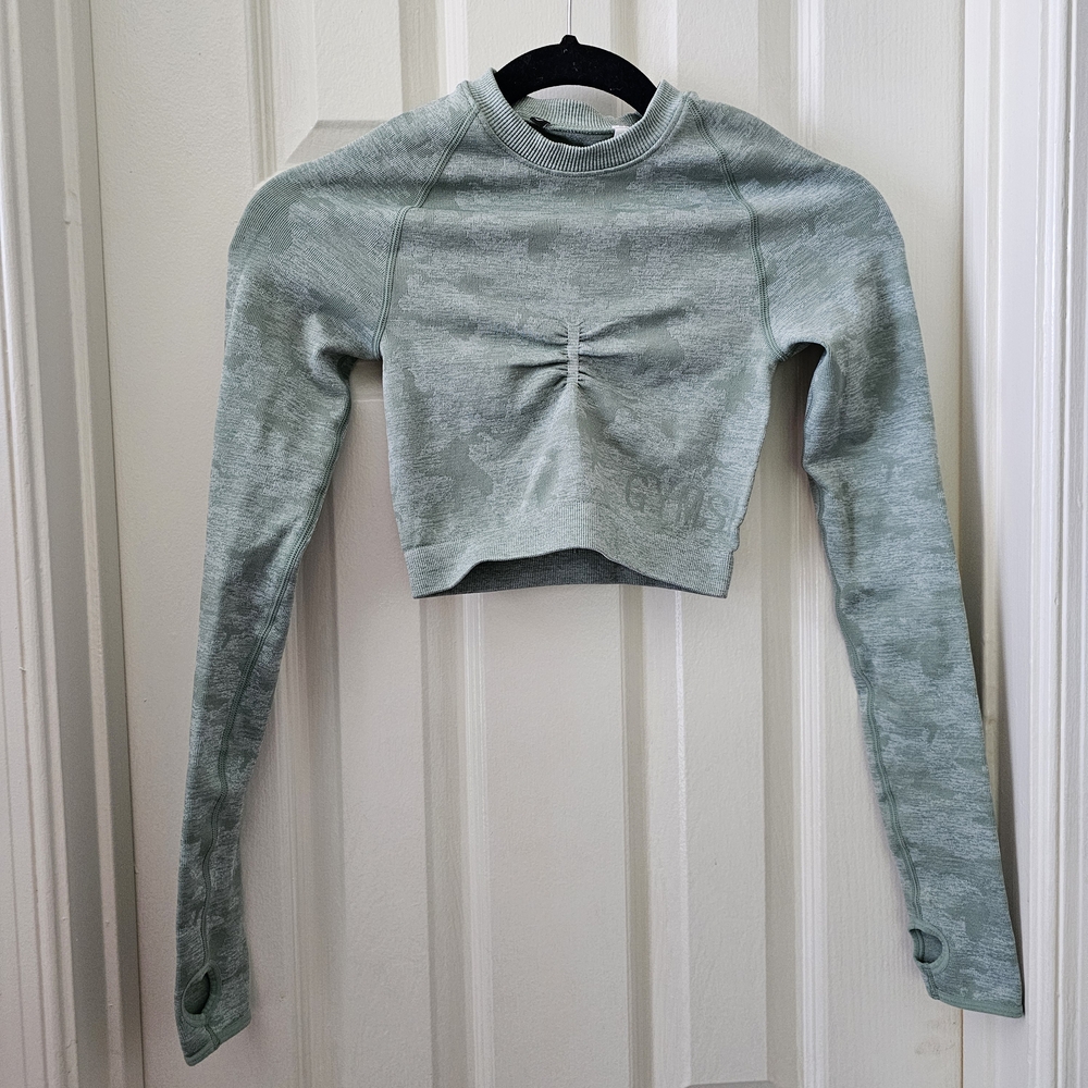 Gymshark Long Sleeve Seamless Green Camo Crop Top Size XS